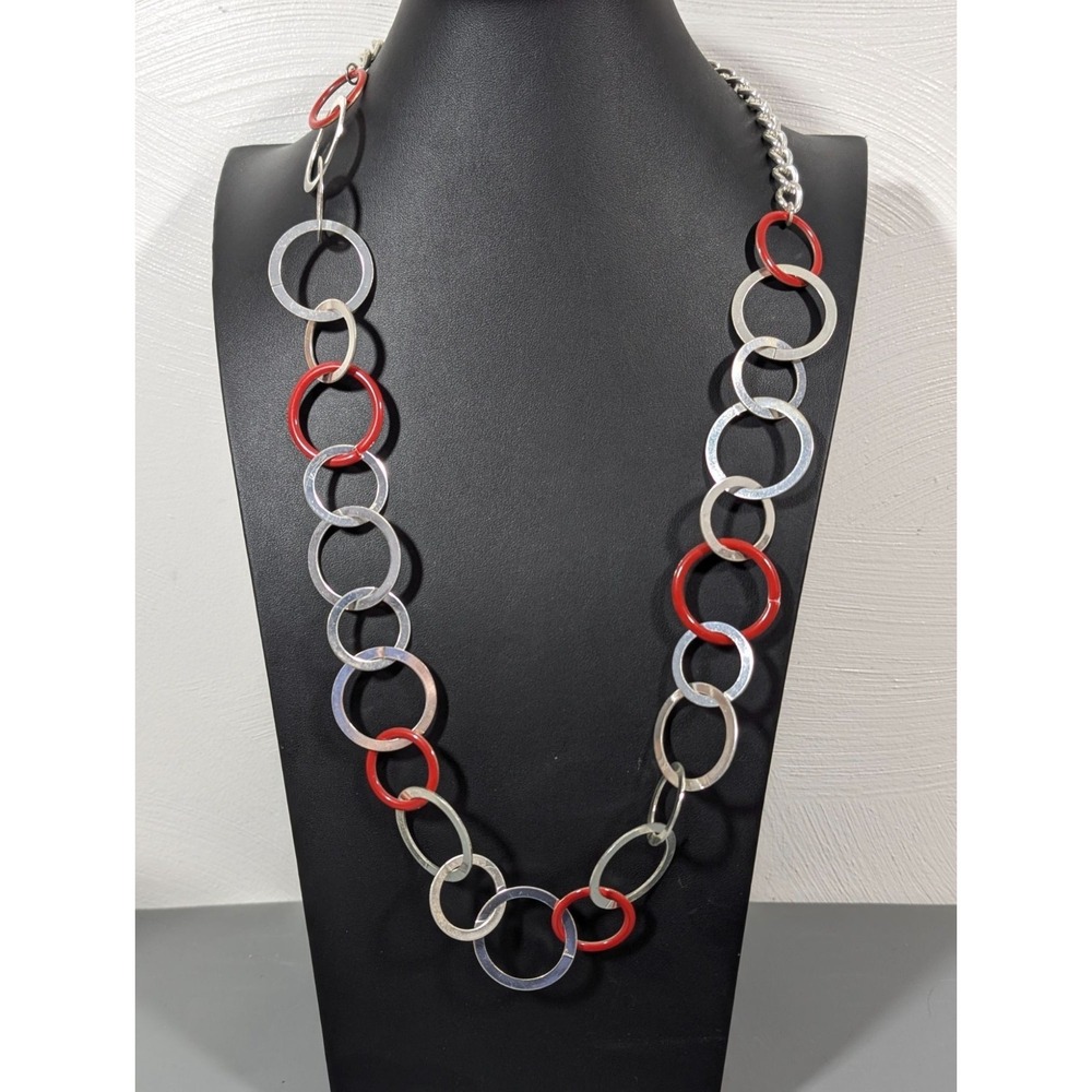 Modernist Silver Tone Red Round Chain Link Long Necklace Statement 32"